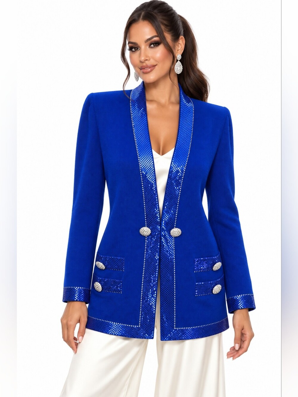 St John Evening Santana Knit Blue Paillettes Sequin Jacket Sz 6